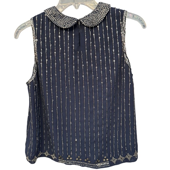 Piperlime Collection Navy Beaded Sleeveless Top Peter Pan Collar Small - Picture 3 of 6